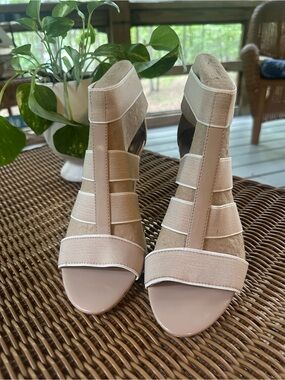 Beige Strappy Women's Heels - Neutral Elastic Band Sandals.